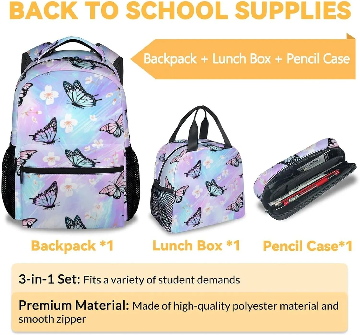 Girls Butterfly Backpack with Lunch Box - Set of 3 School Backpacks Matching Combo - Pretty Colorful Bookbag and Pencil Case Bundle