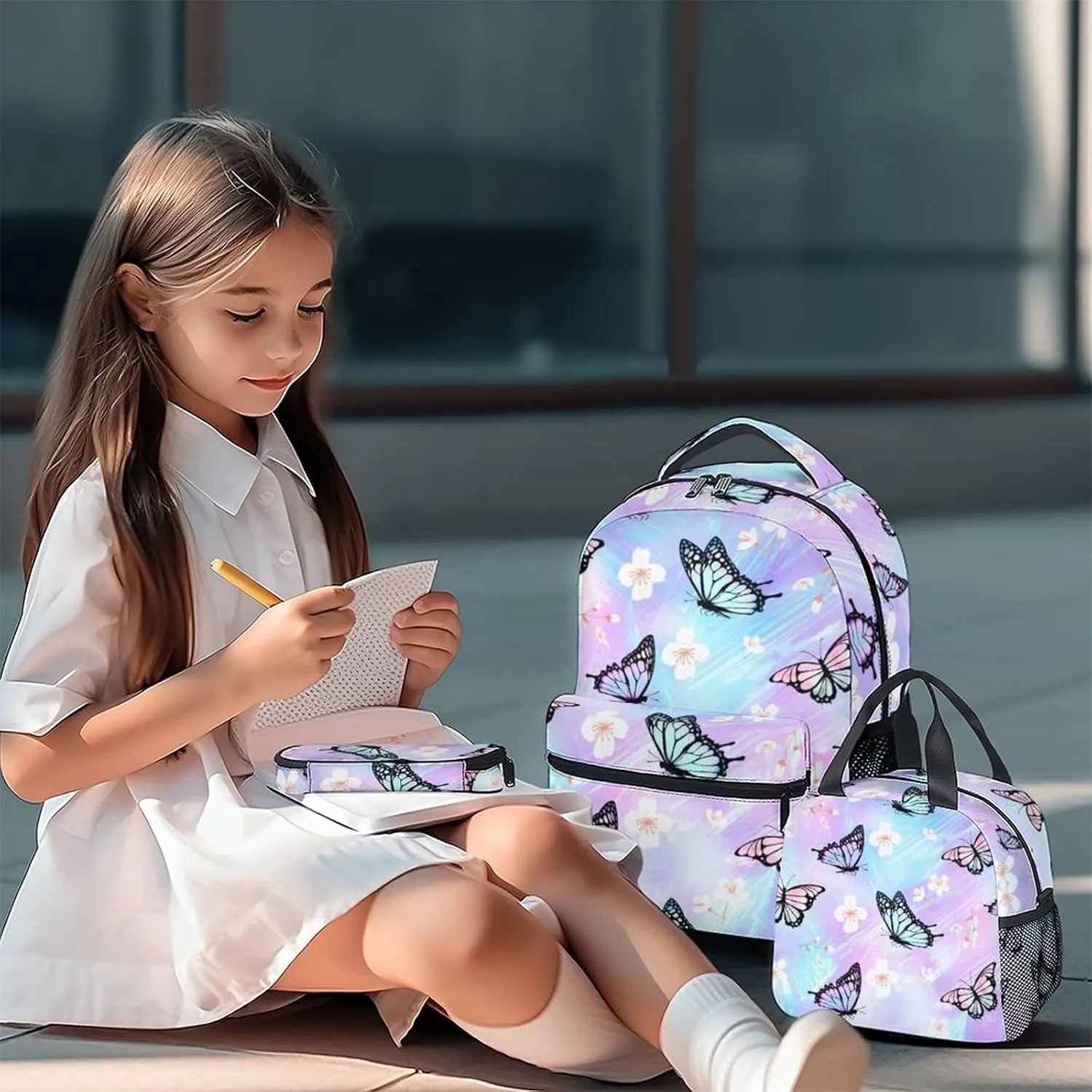 Girls Butterfly Backpack with Lunch Box - Set of 3 School Backpacks Matching Combo - Pretty Colorful Bookbag and Pencil Case Bundle