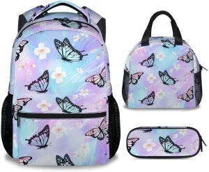 Girls Butterfly Backpack with Lunch Box - Set of 3 School Backpacks Matching Combo - Pretty Colorful Bookbag and Pencil Case Bundle