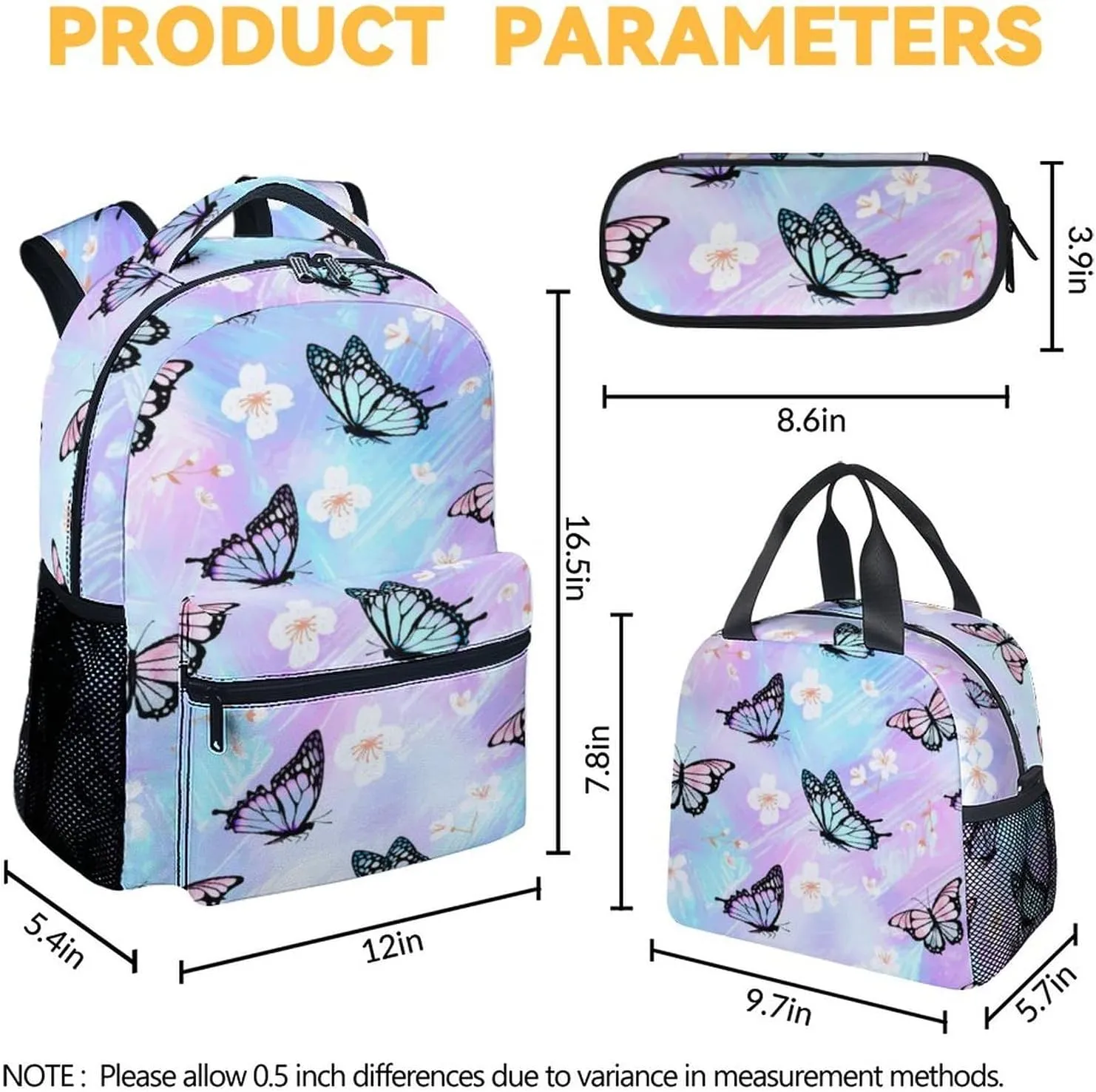 Girls Butterfly Backpack with Lunch Box - Set of 3 School Backpacks Matching Combo - Pretty Colorful Bookbag and Pencil Case Bundle
