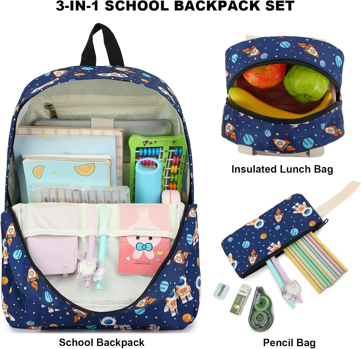 Girls School Backpacks for Kids Teens, 3-in-1 School Bag Bookbags Set with Lunch Bag Pencil Case
