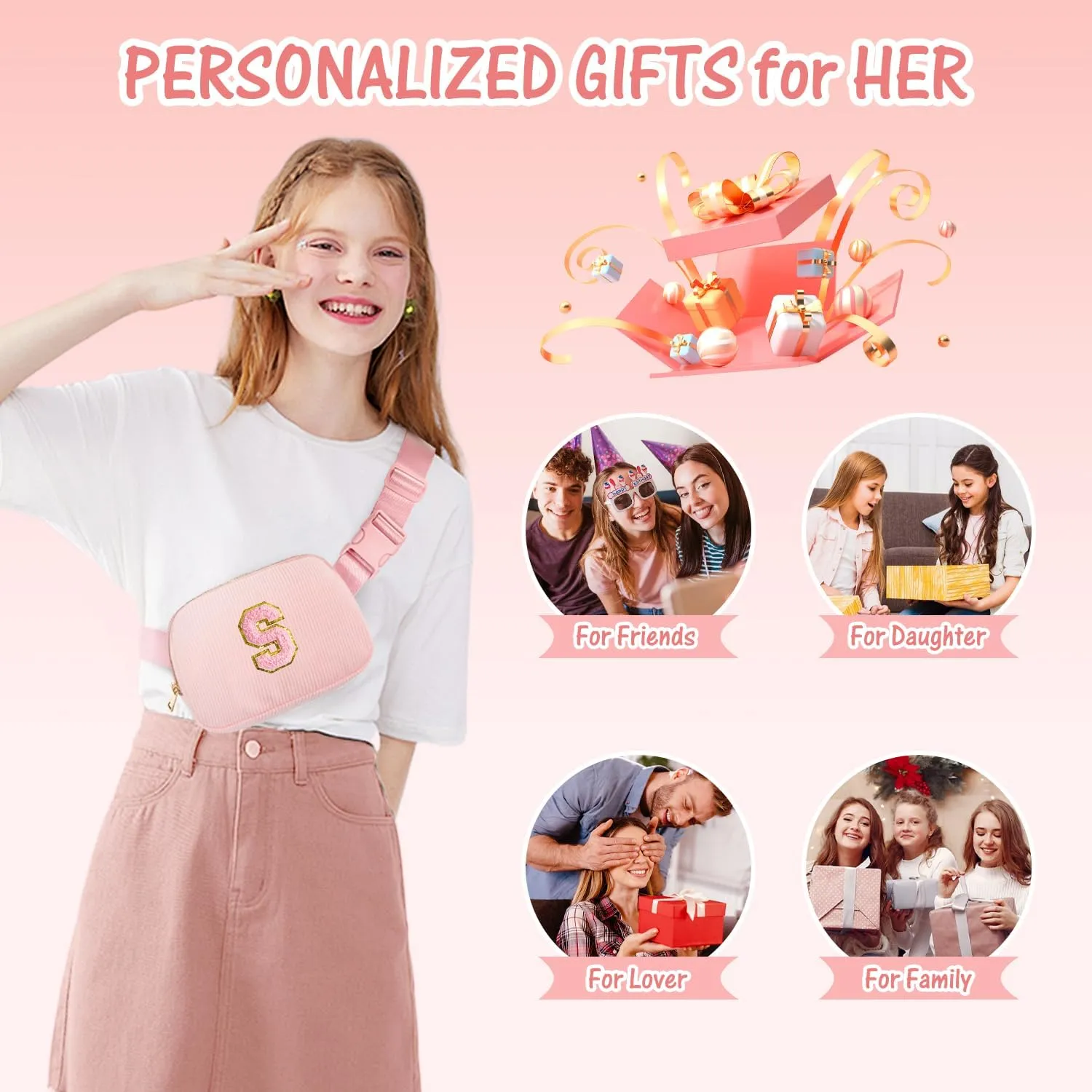Gitus Gifts for 10 11 12 13 14 15 16 Year Old Girls Christmas Gifts for Teen Girls Sister Her Women Fanny Pack with Initial Letter Patch Belt Bag Crossbody Bag Tween Girls Trendy Stuff (Light Pink-S)