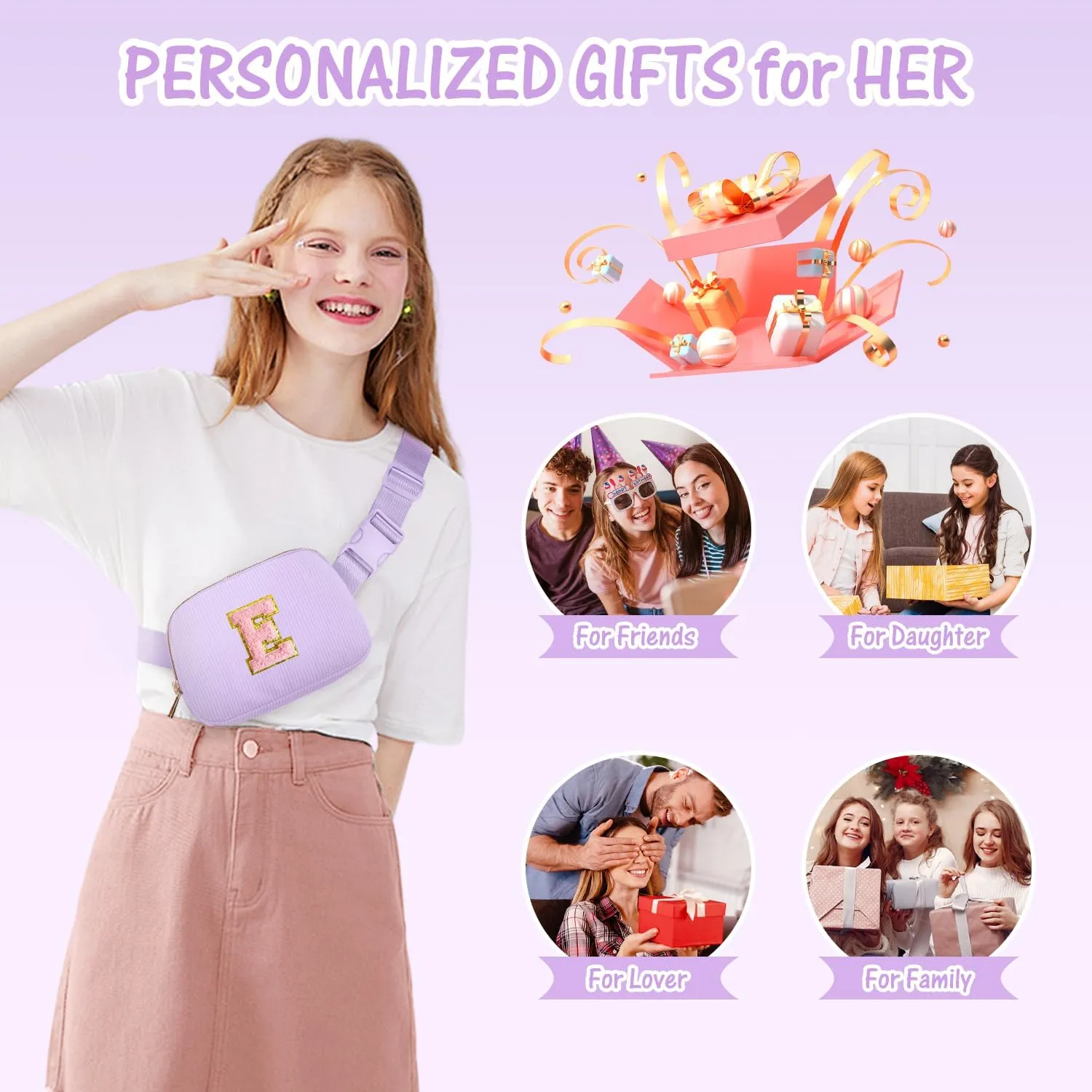 Gitus Girls Birthday Gifts for 10-16 Year Olds - Initial Fanny Pack Belt Bag Crossbody Bag - Trendy & Personalized Preppy Stuff (Lavender-E)