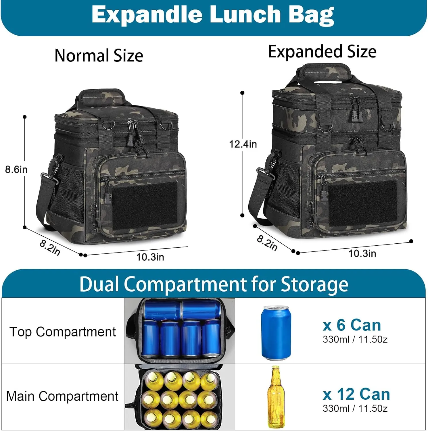 GLENKEY Double Deck Insulated Lunch Box, Expandable Large Lunch Bag Leakproof Cooler Bag Lunch Pail for Men Women Adults Work Shifts Travel Daytrip,16L,Black-Camo