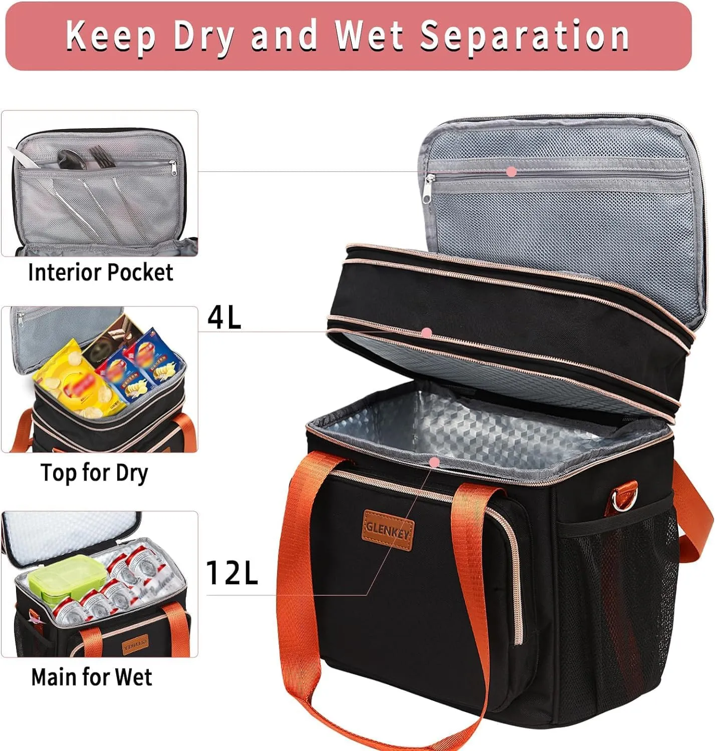 GLENKEY Expandable Insulated Lunch Box for Women Men, Double Deck Large Lunch Bag Tote Leakproof Lunch Cooler with Shoulder Strap for Adults Work Shift Outdoor Picnic Daytrip, (Black, 16L)