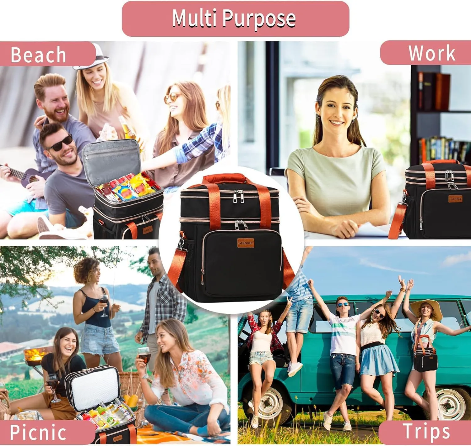 GLENKEY Expandable Insulated Lunch Box for Women Men, Double Deck Large Lunch Bag Tote Leakproof Lunch Cooler with Shoulder Strap for Adults Work Shift Outdoor Picnic Daytrip, (Black, 16L)