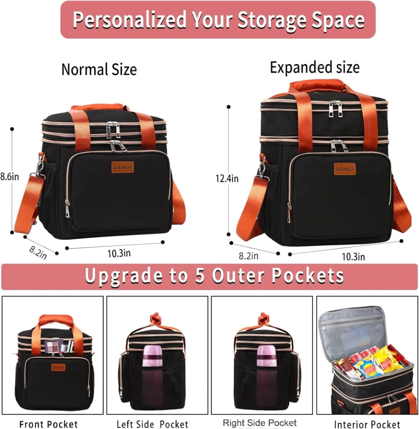 GLENKEY Expandable Insulated Lunch Box for Women Men, Double Deck Large Lunch Bag Tote Leakproof Lunch Cooler with Shoulder Strap for Adults Work Shift Outdoor Picnic Daytrip, (Black, 16L)