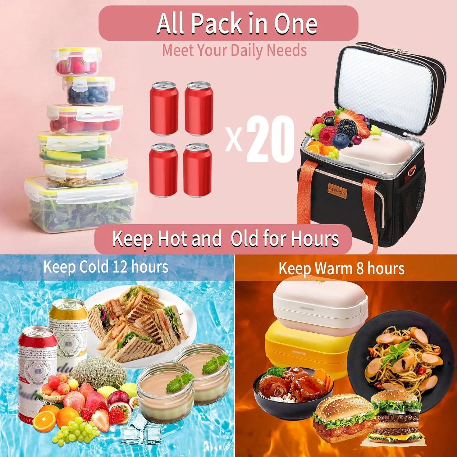 GLENKEY Expandable Insulated Lunch Box for Women Men, Double Deck Large Lunch Bag Tote Leakproof Lunch Cooler with Shoulder Strap for Adults Work Shift Outdoor Picnic Daytrip, (Black, 16L)