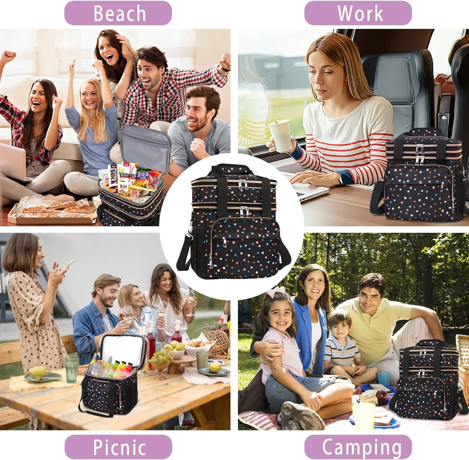 GLENKEY Expandable Lightweight Insulated Lunch Box for Women, Double Deck Large Lunch Bag Leakproof Soft Cooler Bags for Adults Work Office Flight Beach Travel, Polka Dots, 16L