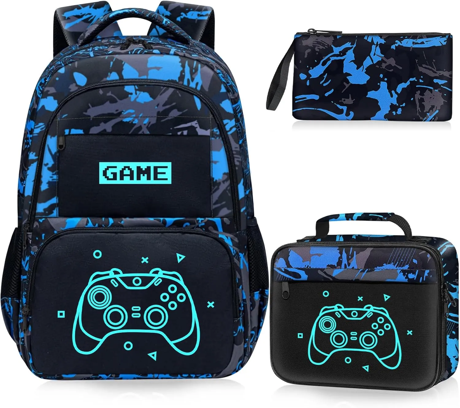 Glow in The Dark Backpack for Boys - 3pcs Game Boys Backpack for Kids Children Teens Elementary Middle School - 17″ Gamer Bookbag Travel Back Pack for Age 6-18