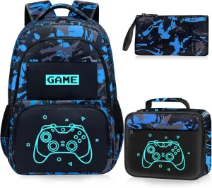 Glow in The Dark Backpack for Boys - 3pcs Game Boys Backpack for Kids Children Teens Elementary Middle School - 17″ Gamer Bookbag Travel Back Pack for Age 6-18