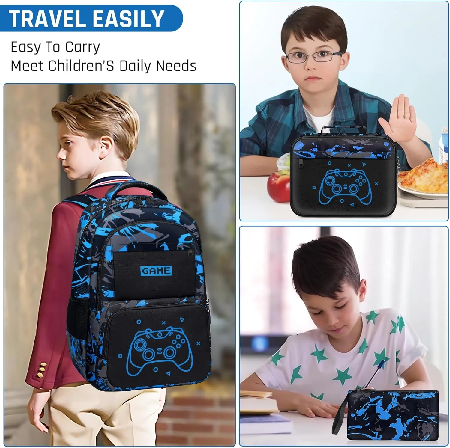 Glow in The Dark Backpack for Boys - 3pcs Game Boys Backpack for Kids Children Teens Elementary Middle School - 17″ Gamer Bookbag Travel Back Pack for Age 6-18