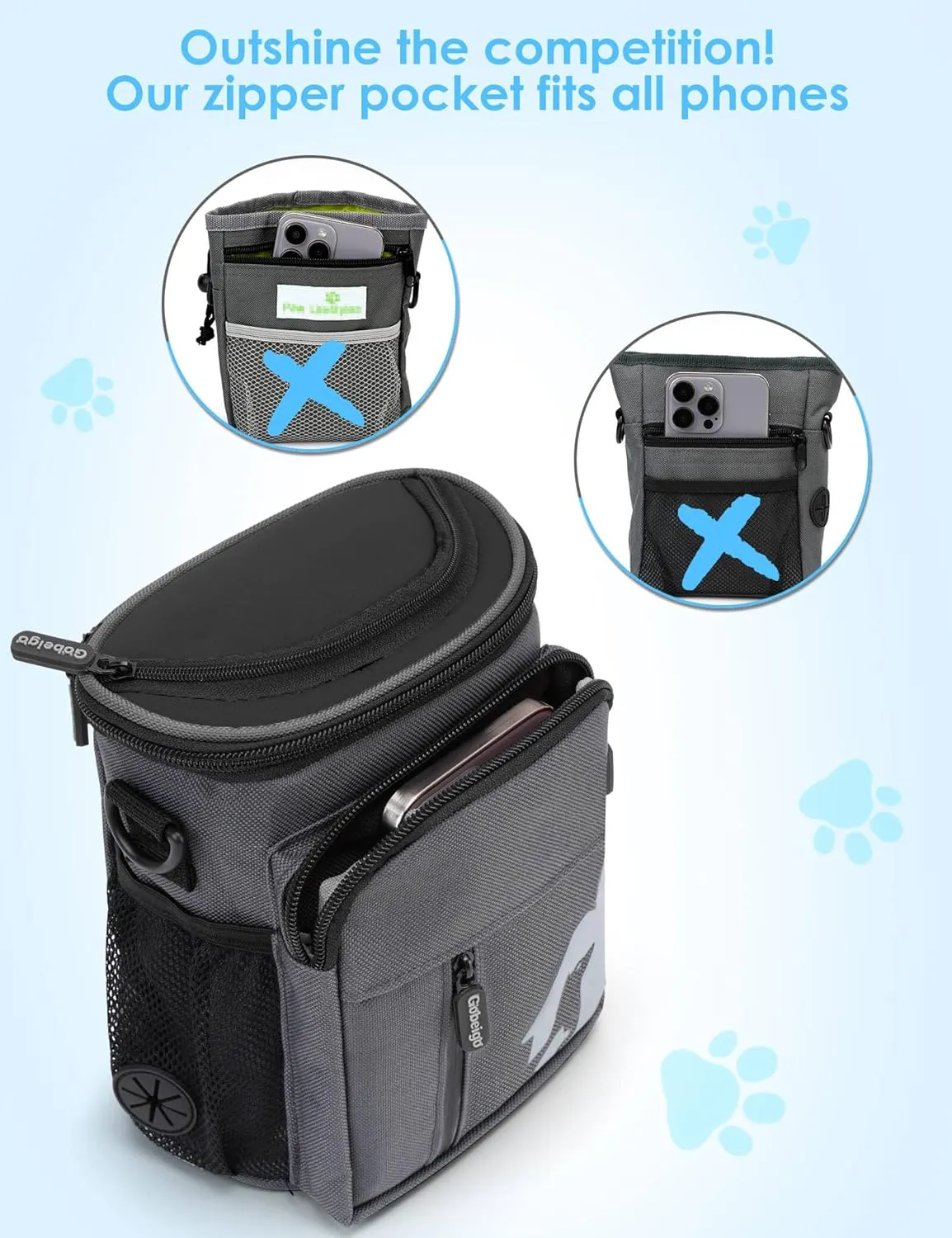 Gobeigo 【8 Cup Dog Treat Pouch 【3 Ways to Wear 】 Treat Bag for Training & Walking, Built-in Poop Bag Dispenser, Large Phone Friendly (Gray & Black)