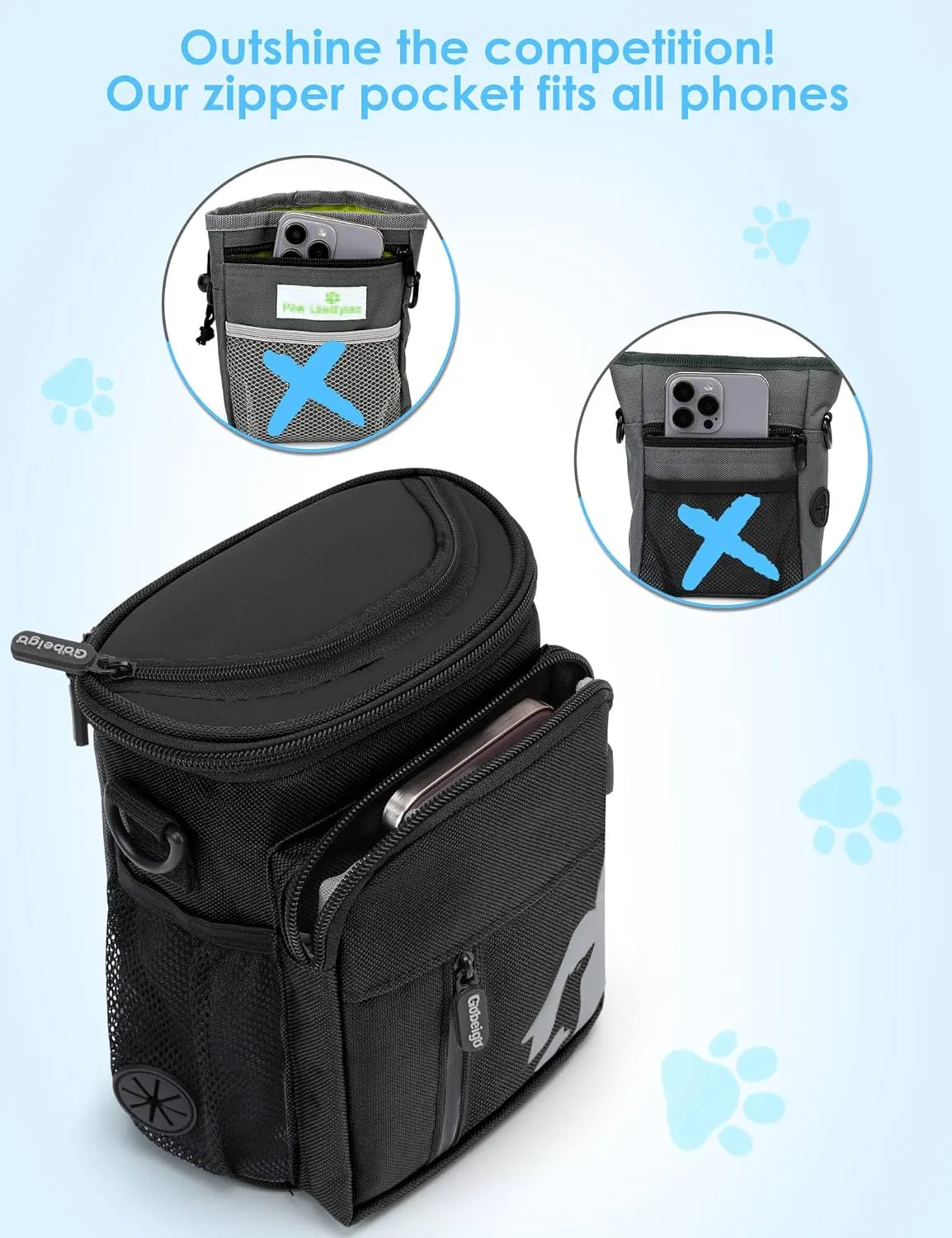 Gobeigo 8 Cup Dog Treat Pouch and Training Clicker, Dog Walking Bag with Phone Holder, Built-in Poop Bag Dispenser, 3 Ways Wearable Pet Fanny Pack for Outdoor Travel (Full Black)