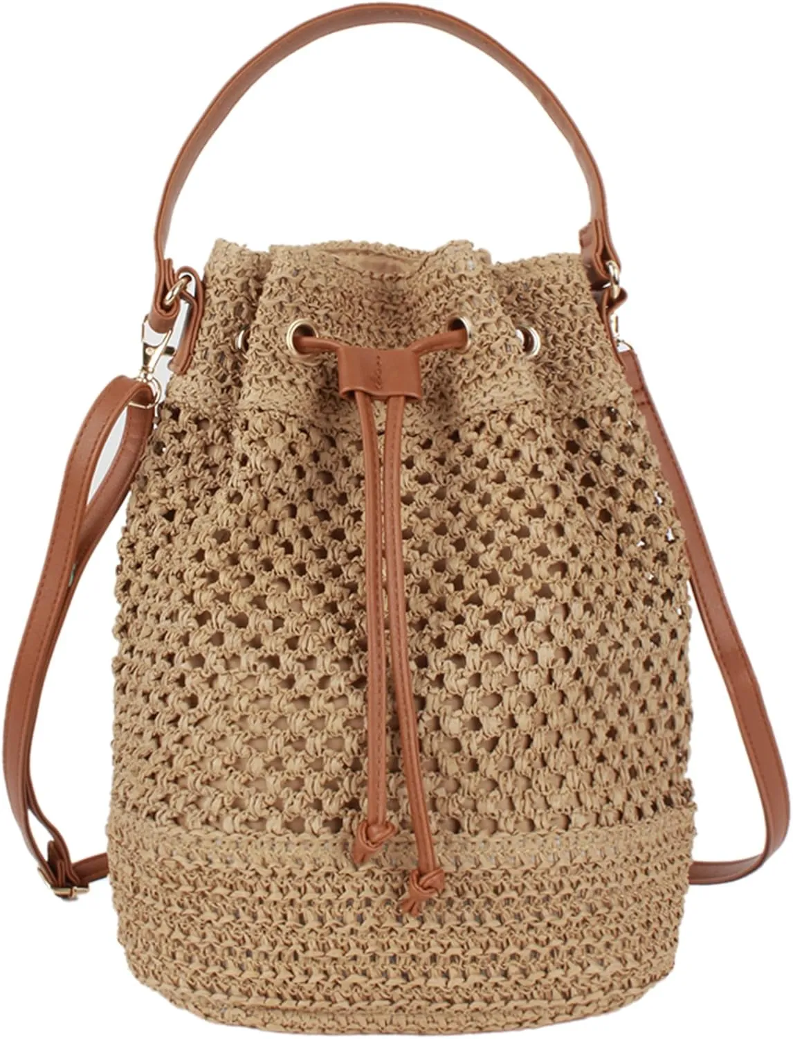 Goclothod Small Drawstring Shoulder Bag Straw Weave Handbag Summer Beach Purse