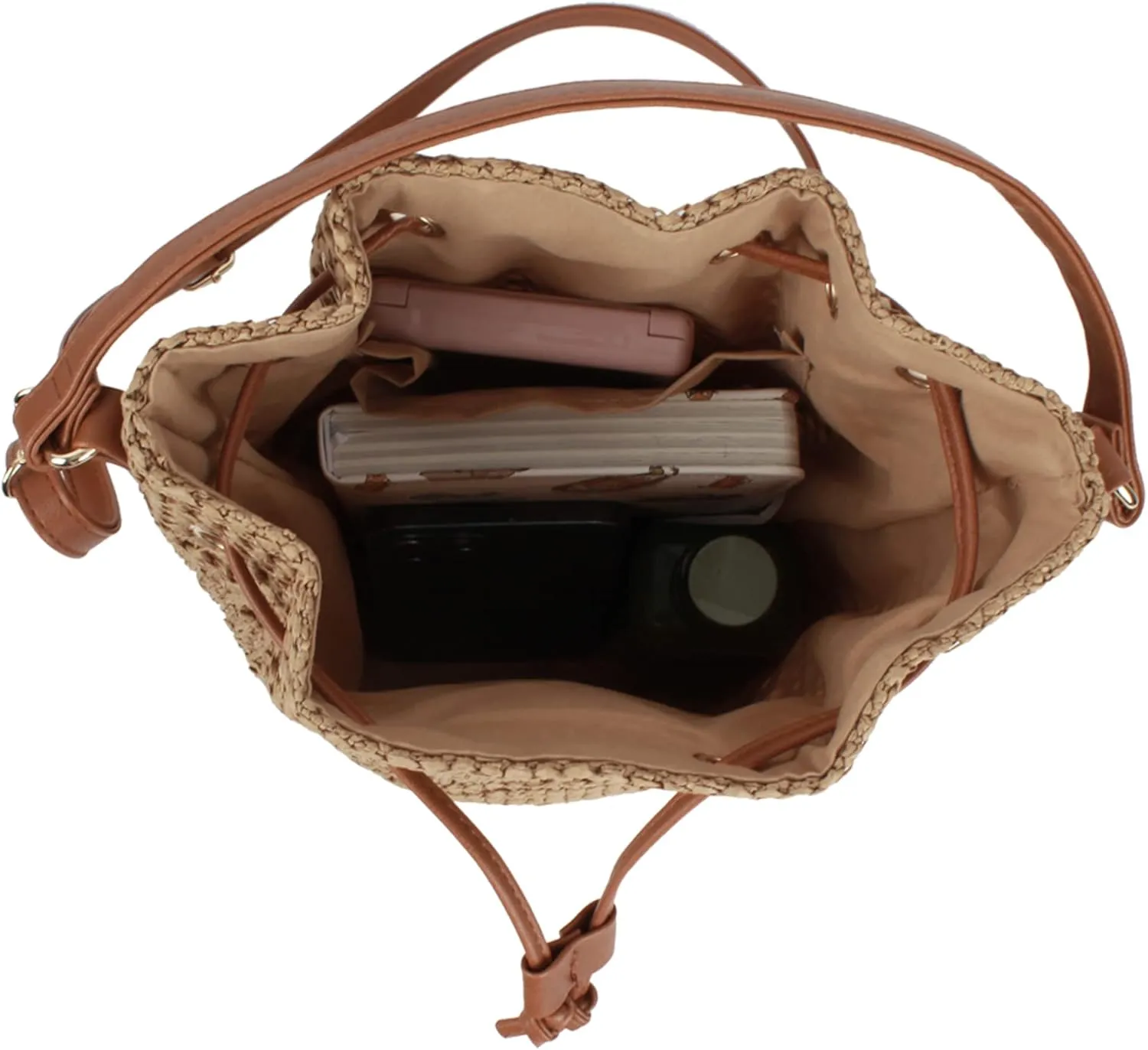 Goclothod Small Drawstring Shoulder Bag Straw Weave Handbag Summer Beach Purse