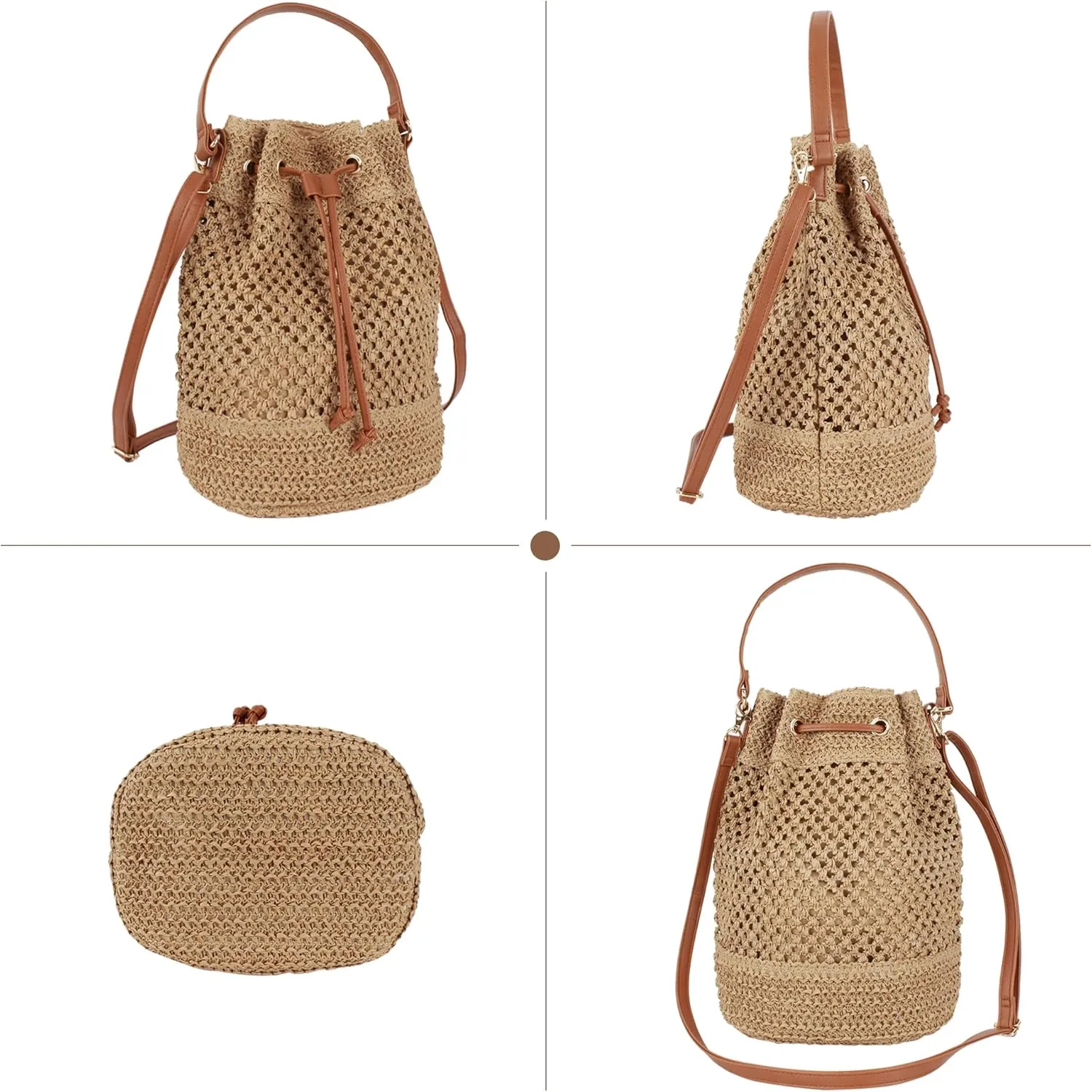 Goclothod Small Drawstring Shoulder Bag Straw Weave Handbag Summer Beach Purse