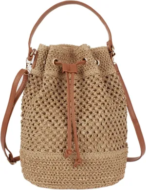 Goclothod Small Drawstring Shoulder Bag Straw Weave Handbag Summer Beach Purse