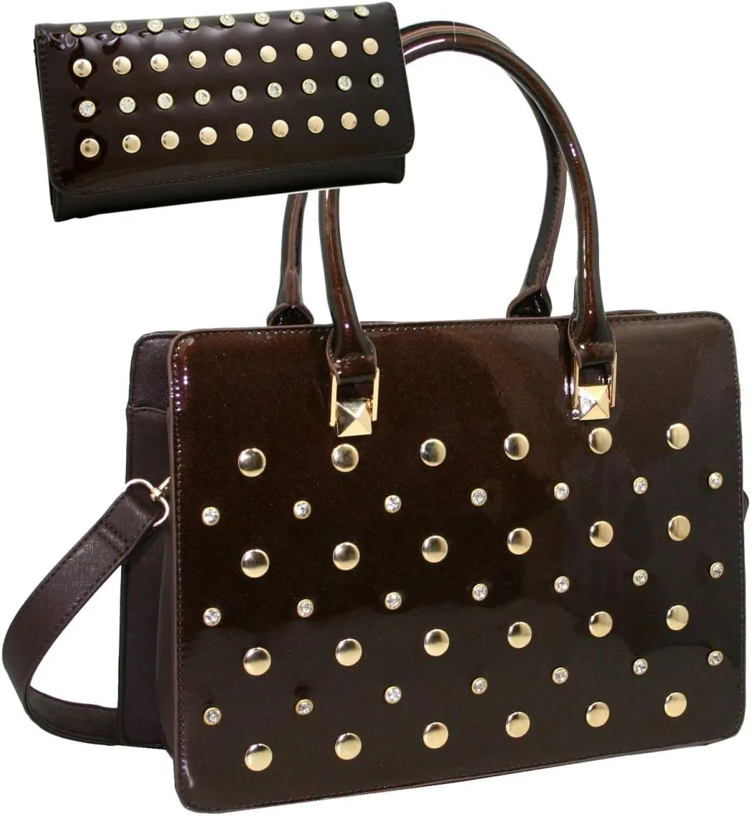 Gold Rush 820W20SET-BRN 2 Tones Rhinestone Studed Purse Wallet Set - Brown