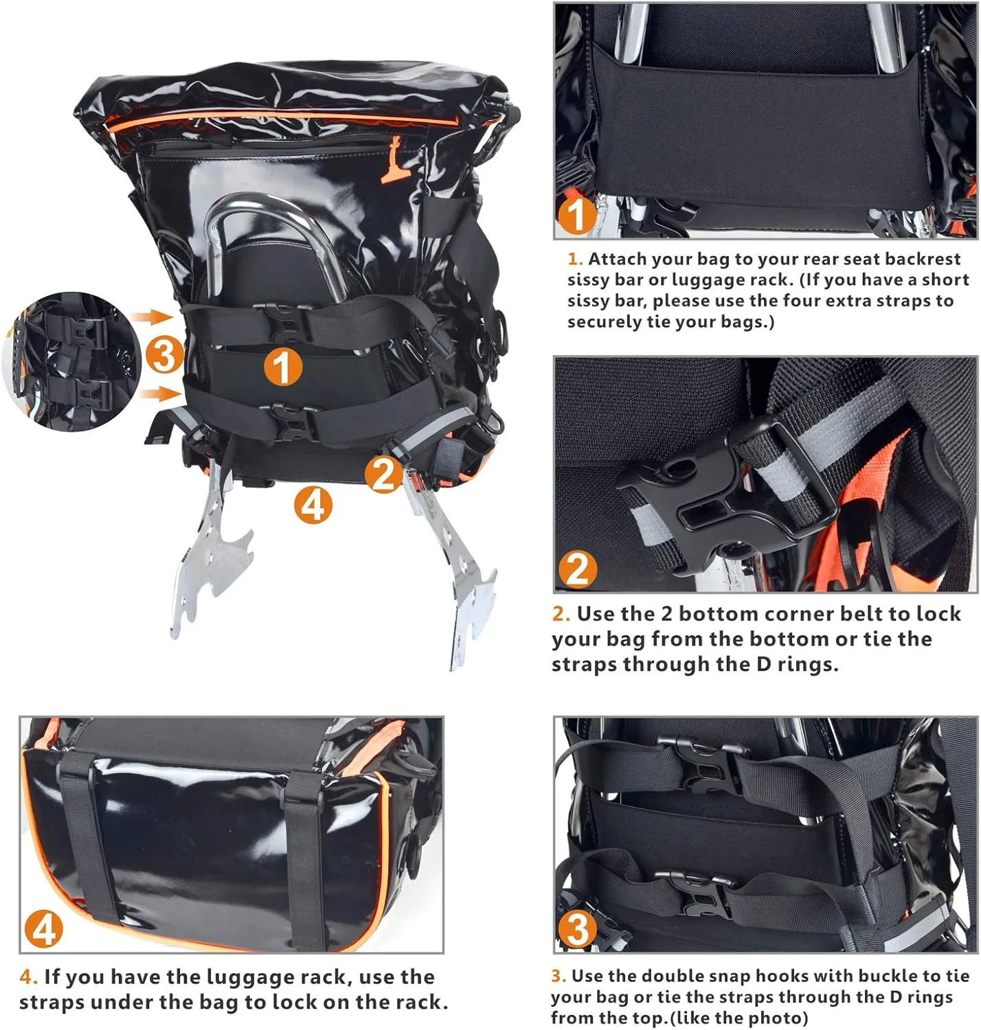 Goldfire Expandable Motorcycle Travel Luggage Sissy Bar Bag, Weather Resistant Tail Duffle Bag Backpack with Sissy Bar Straps
