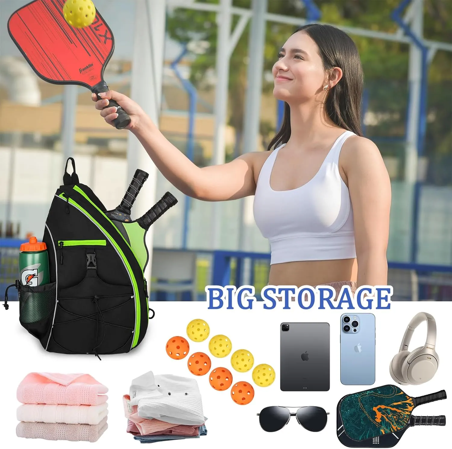 Goloni Pickleball Bag for Women,Mens Pickle ball Backpack,Lightweight Sling Bag with Fence Hook,Large Capacity,Safety Pocket