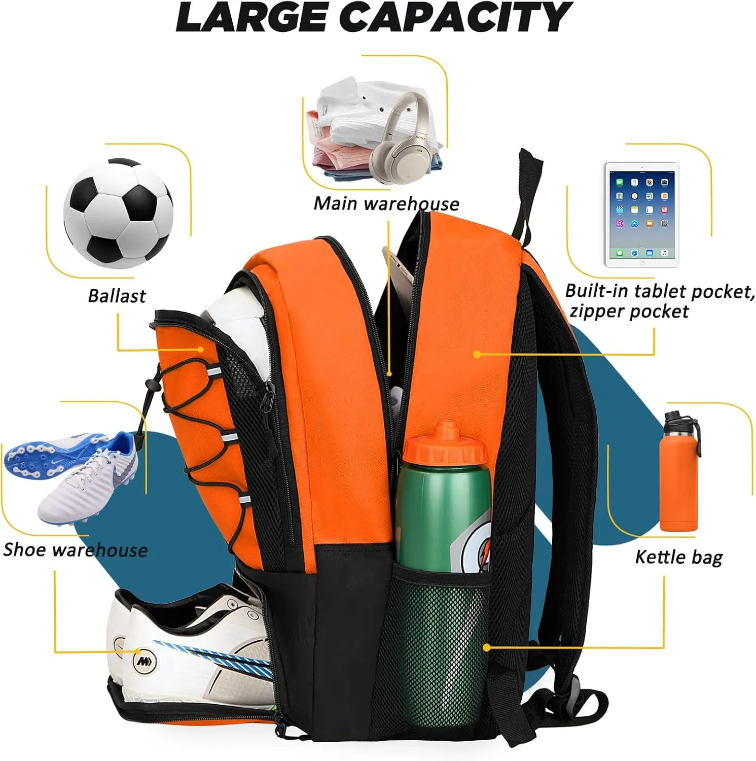 Goloni Soccer Bag, Basketball Bag with Ball Compartment & Shoe Compartment,Large Soccer Backpack for Basketball,Gym，Football
