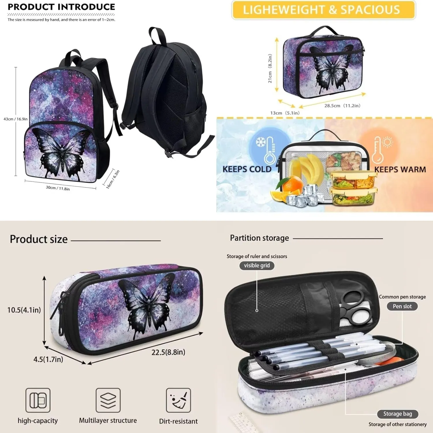 Gomyblomy Butterfly Backpck for Girls for School 6-8 8-10 Kids Bookbag with Lunch Box and Pencil Case 3-in-1 Set School Backpacks for Elementary Middle School Teens Daypack Travel Knapsack