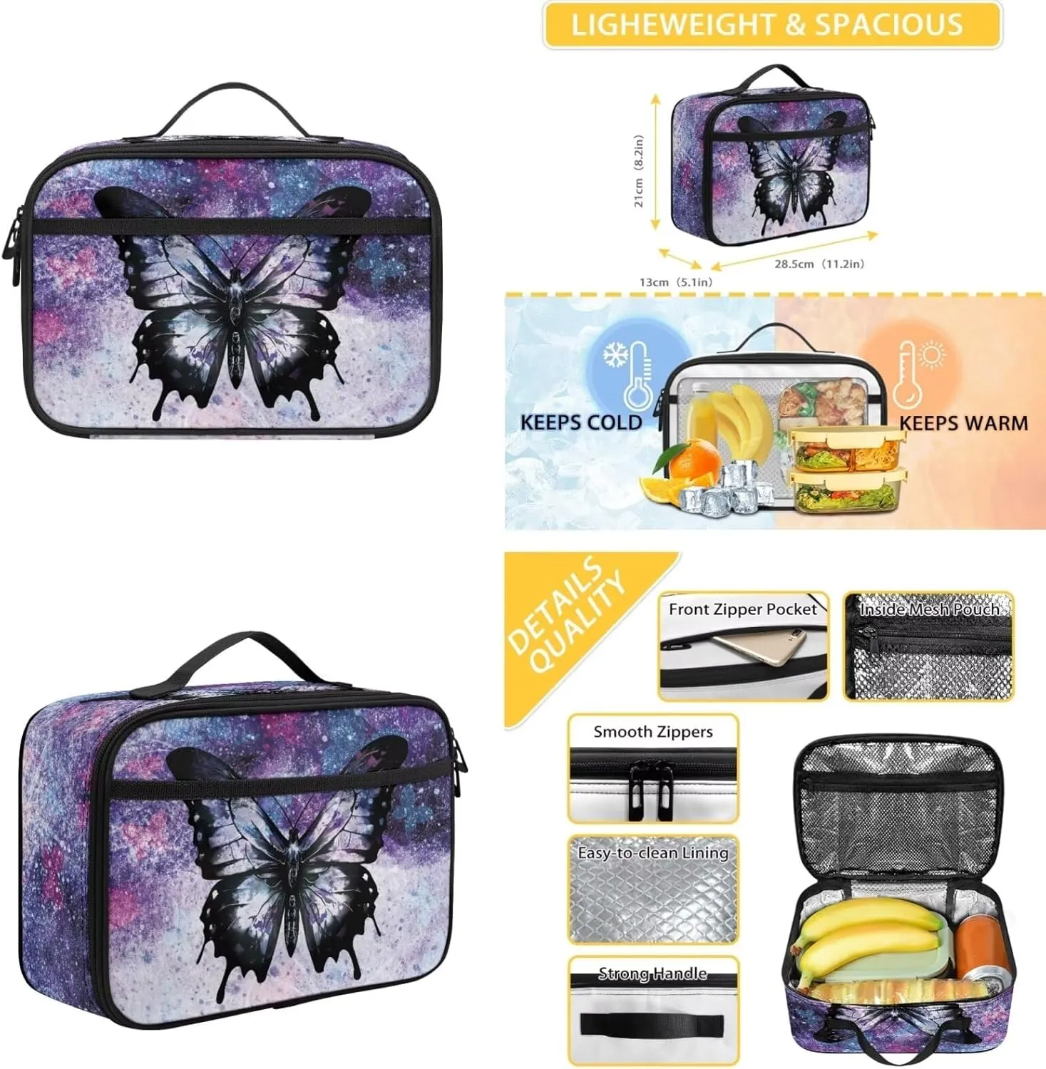 Gomyblomy Butterfly Backpck for Girls for School 6-8 8-10 Kids Bookbag with Lunch Box and Pencil Case 3-in-1 Set School Backpacks for Elementary Middle School Teens Daypack Travel Knapsack