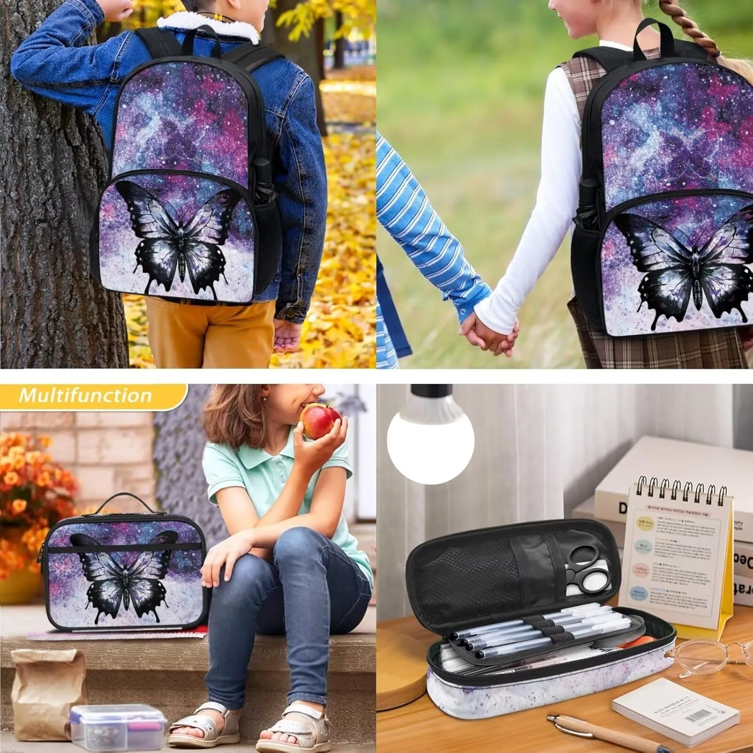 Gomyblomy Butterfly Backpck for Girls for School 6-8 8-10 Kids Bookbag with Lunch Box and Pencil Case 3-in-1 Set School Backpacks for Elementary Middle School Teens Daypack Travel Knapsack