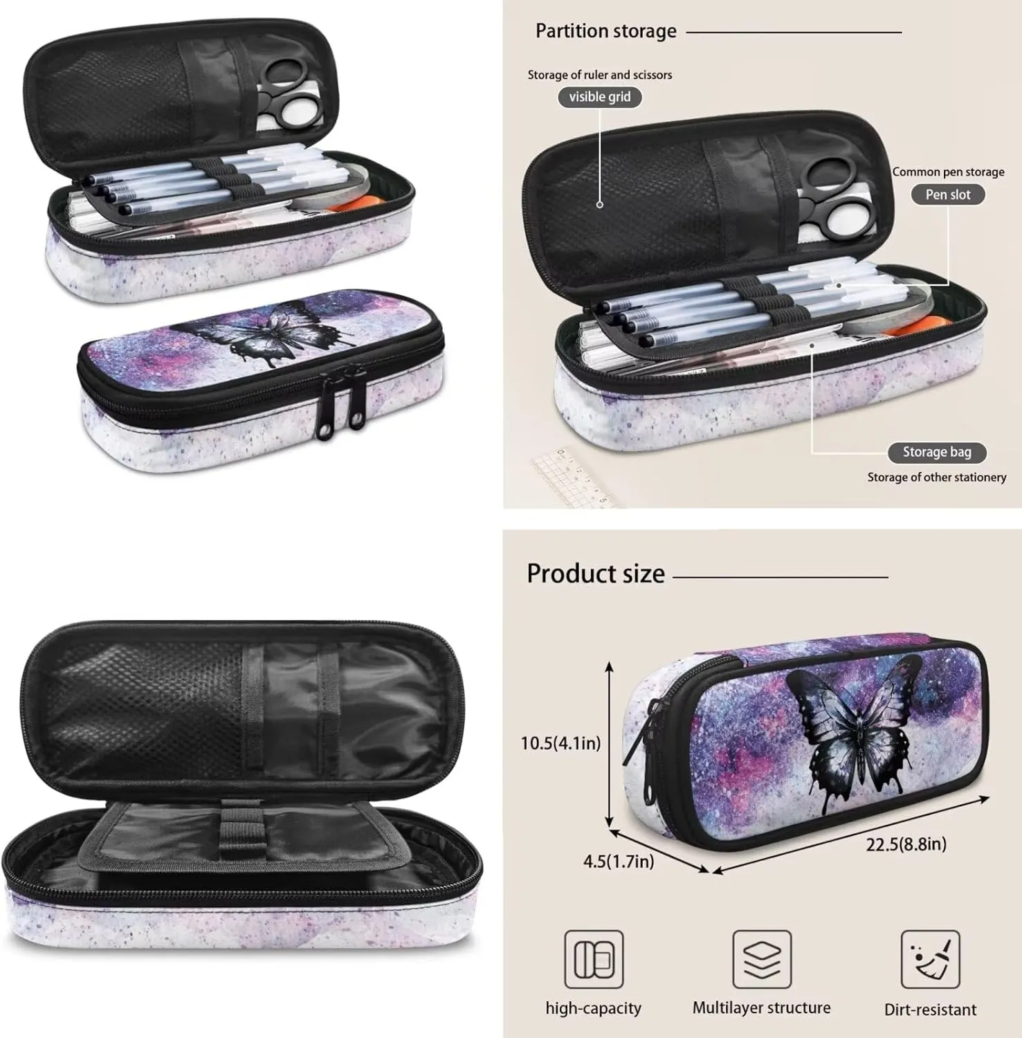Gomyblomy Butterfly Backpck for Girls for School 6-8 8-10 Kids Bookbag with Lunch Box and Pencil Case 3-in-1 Set School Backpacks for Elementary Middle School Teens Daypack Travel Knapsack