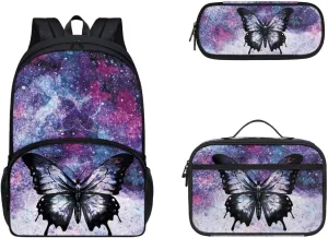 Gomyblomy Butterfly Backpck for Girls for School 6-8 8-10 Kids Bookbag with Lunch Box and Pencil Case 3-in-1 Set School Backpacks for Elementary Middle School Teens Daypack Travel Knapsack