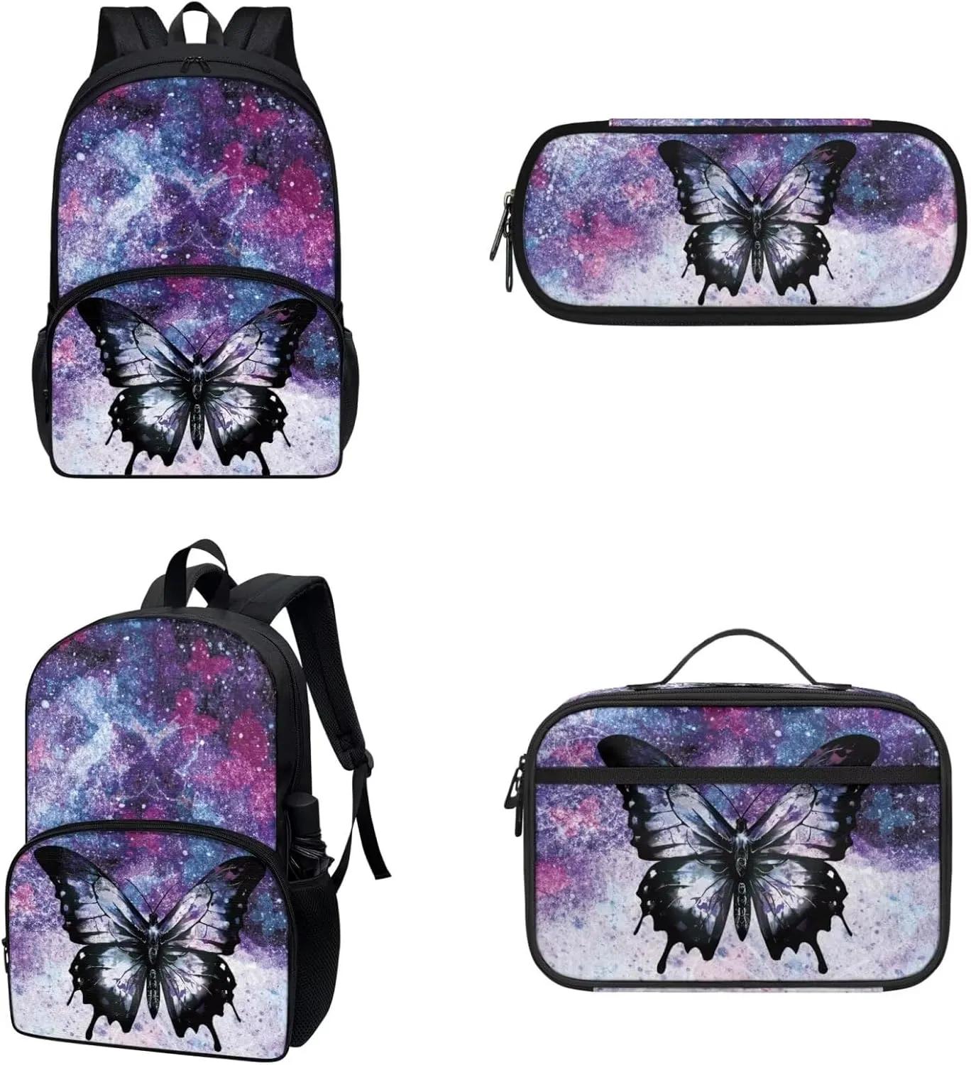 Gomyblomy Butterfly Backpck for Girls for School 6-8 8-10 Kids Bookbag with Lunch Box and Pencil Case 3-in-1 Set School Backpacks for Elementary Middle School Teens Daypack Travel Knapsack