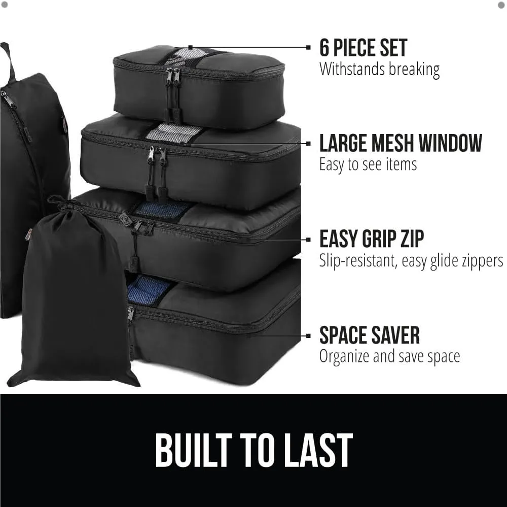 GORILLA GRIP 6 Set Packing Cubes, Travel Essentials for Suitcase, Mesh Organizer Bags for Clothes Toiletries Shoes and Laundry, Luggage and Carry On Airplane Accessories, Traveling Must Haves Black