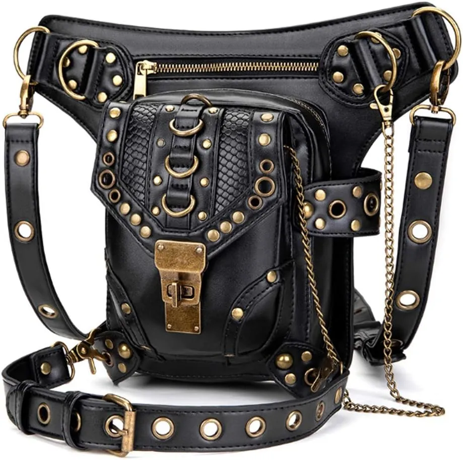 Gothic Waist Bag Punk Drop Leg Bag Outdoor Bike Motorcycle Cycling Hiking Fanny Pack Hip/Thigh Pouch Shoulder Bag Black (Gold Rivet)