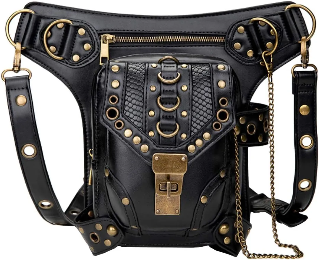 Gothic Waist Bag Punk Drop Leg Bag Outdoor Bike Motorcycle Cycling Hiking Fanny Pack Hip/Thigh Pouch Shoulder Bag Black (Gold Rivet)