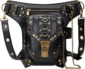 Gothic Waist Bag Punk Drop Leg Bag Outdoor Bike Motorcycle Cycling Hiking Fanny Pack Hip/Thigh Pouch Shoulder Bag Black (Gold Rivet)