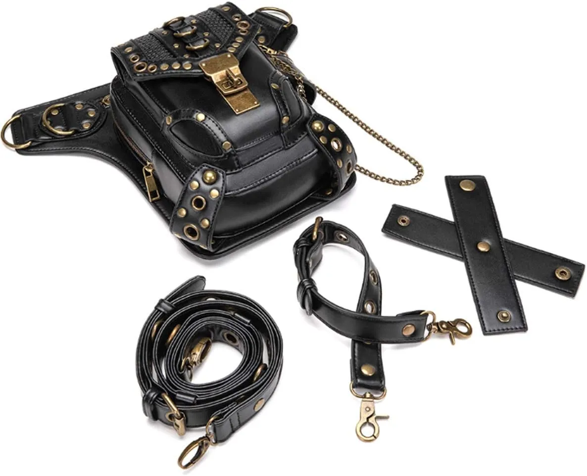 Gothic Waist Bag Punk Drop Leg Bag Outdoor Bike Motorcycle Cycling Hiking Fanny Pack Hip/Thigh Pouch Shoulder Bag Black (Gold Rivet)