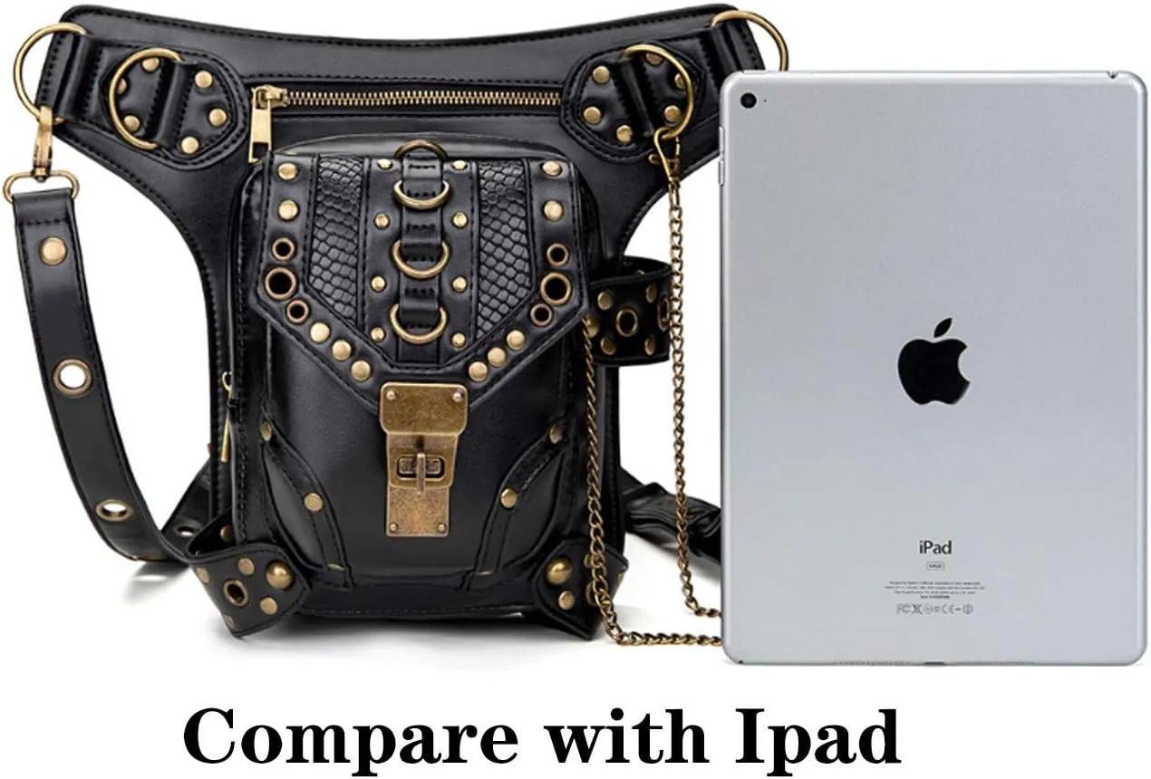 Gothic Waist Bag Punk Drop Leg Bag Outdoor Bike Motorcycle Cycling Hiking Fanny Pack Hip/Thigh Pouch Shoulder Bag Black (Gold Rivet)