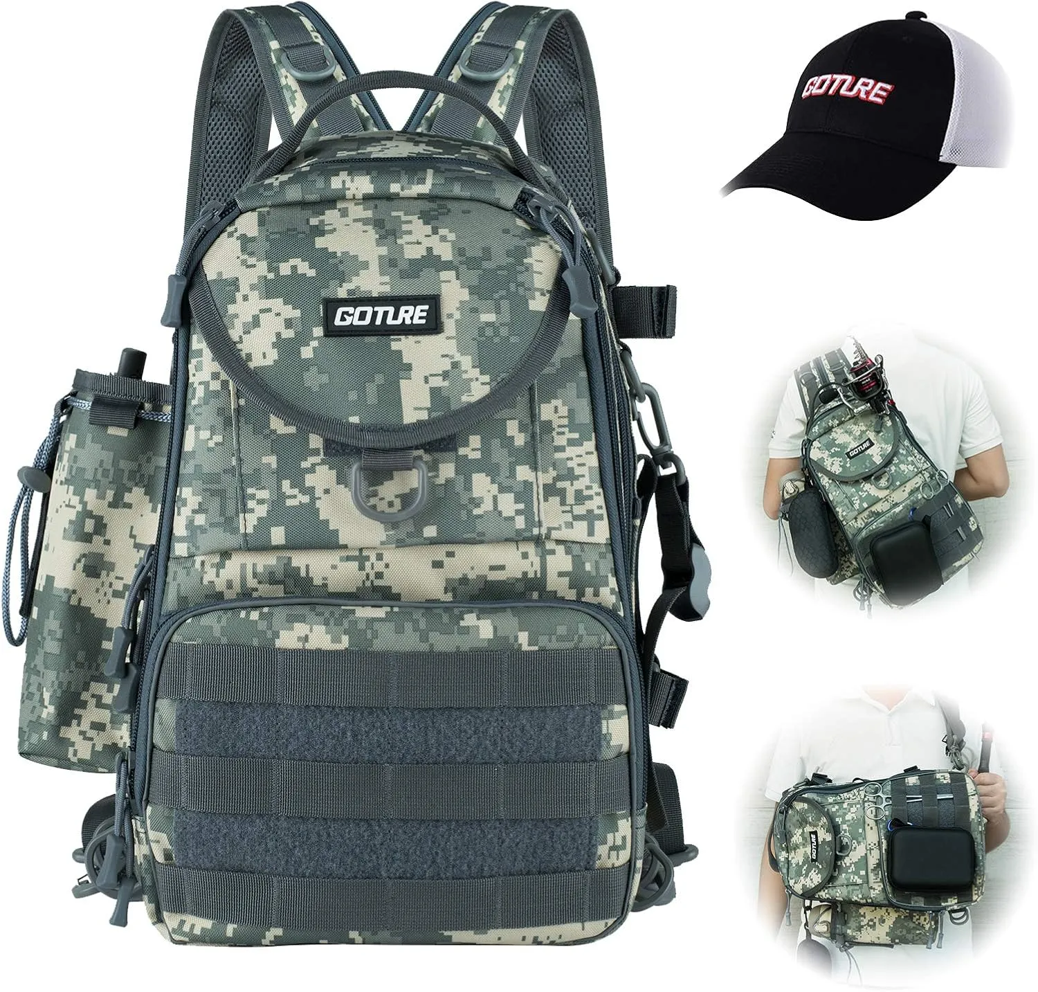 Goture Fishing Tackle Storage Backpack - Lightweight Water-Resistant Outdoor Shoulder Fishing Gear Bag Cross Body Sling for Hiking Hunting Camping Traveling- Digital Camo