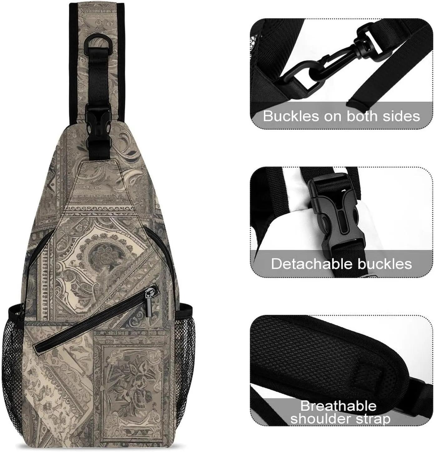 Gray Square Sling Backpack Fashion Crossbody Sling Bag for Women Men Chest Bag for Travel Hiking, 38x20cm