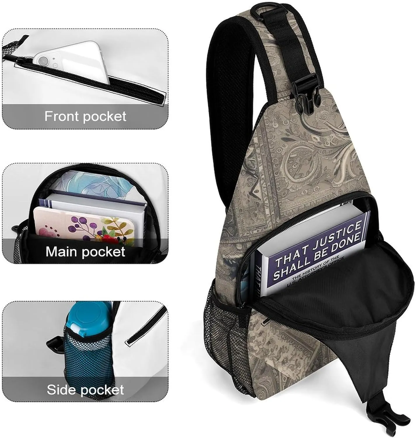 Gray Square Sling Backpack Fashion Crossbody Sling Bag for Women Men Chest Bag for Travel Hiking, 38x20cm