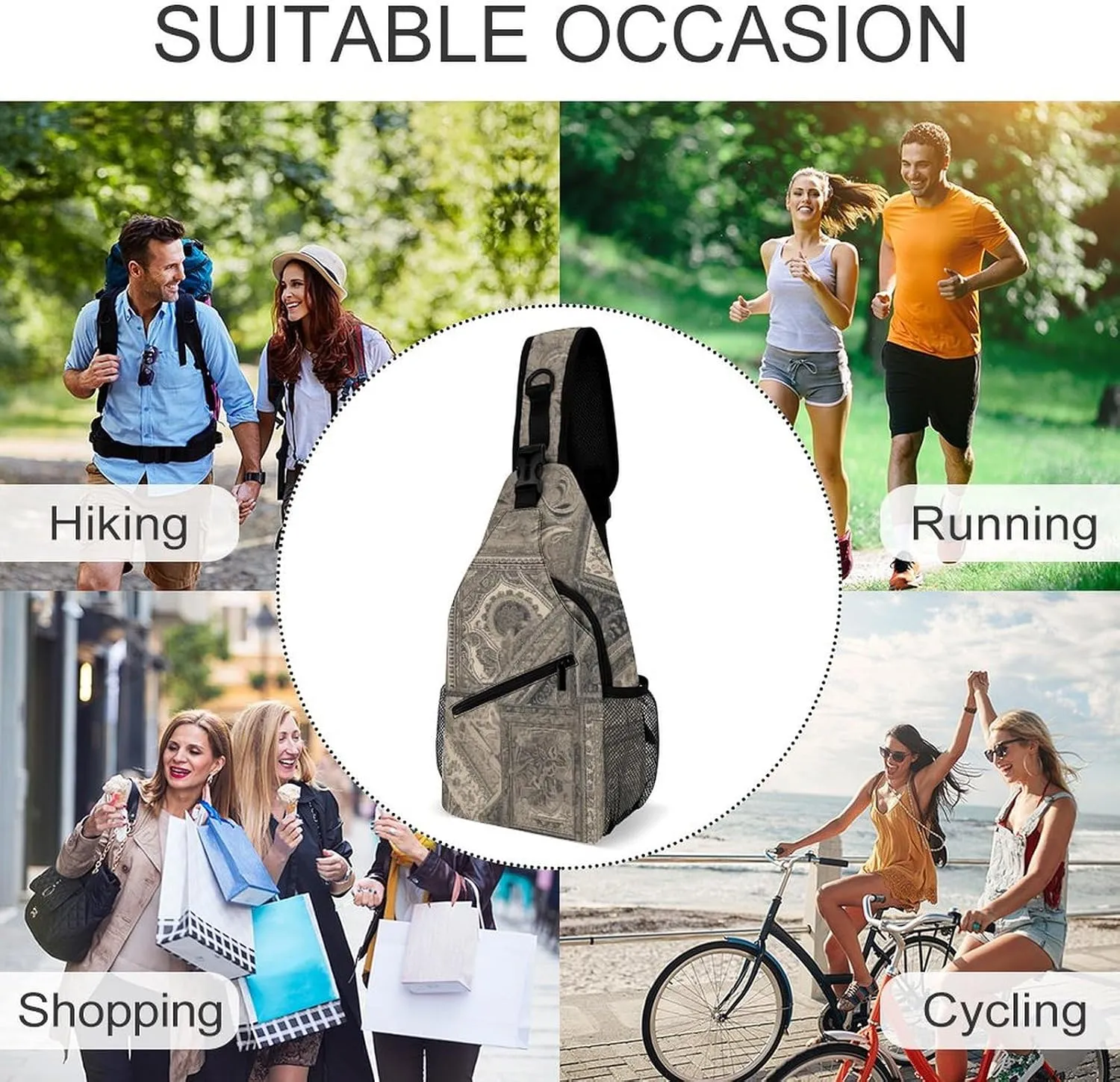 Gray Square Sling Backpack Fashion Crossbody Sling Bag for Women Men Chest Bag for Travel Hiking, 38x20cm