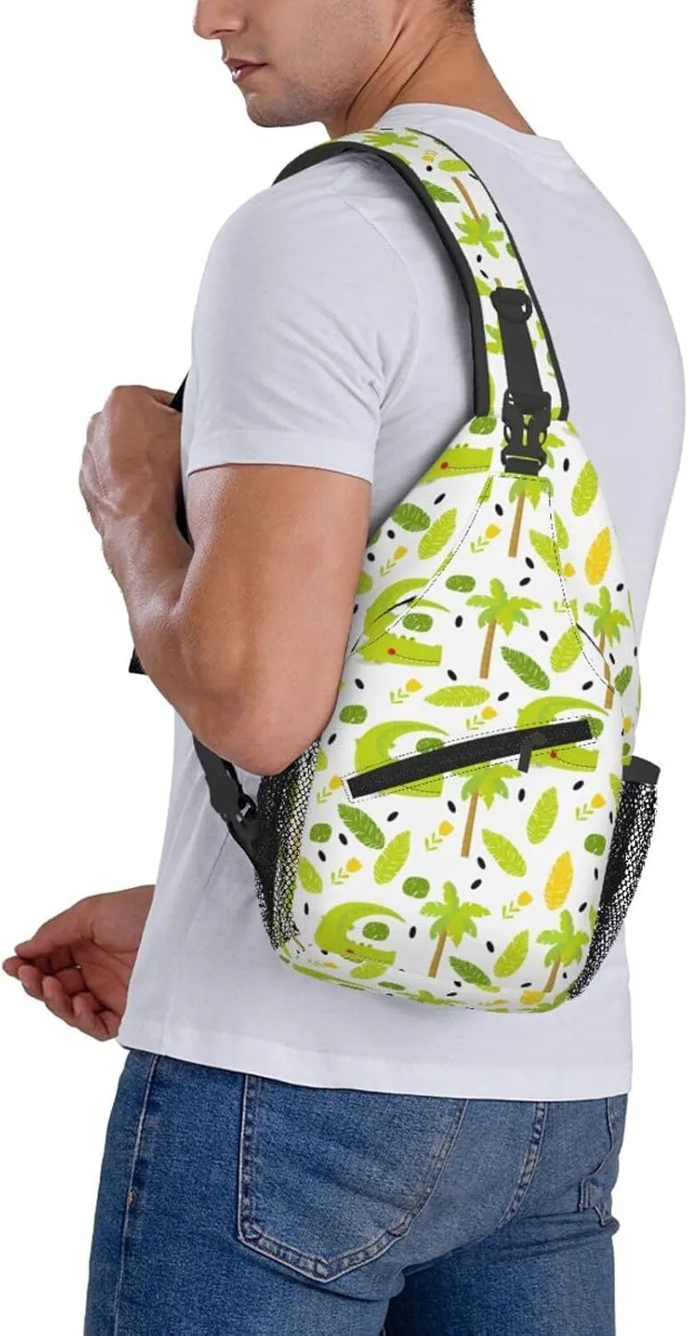 Green Crocodile Flowers Palm Trees Foliage Cross Chest Bag Diagonally Hiking Crossbody Bag Travel Shoulder Daypack Lightweight Sling Backpack Cycling Daypacks Fitness Chest Backpacks