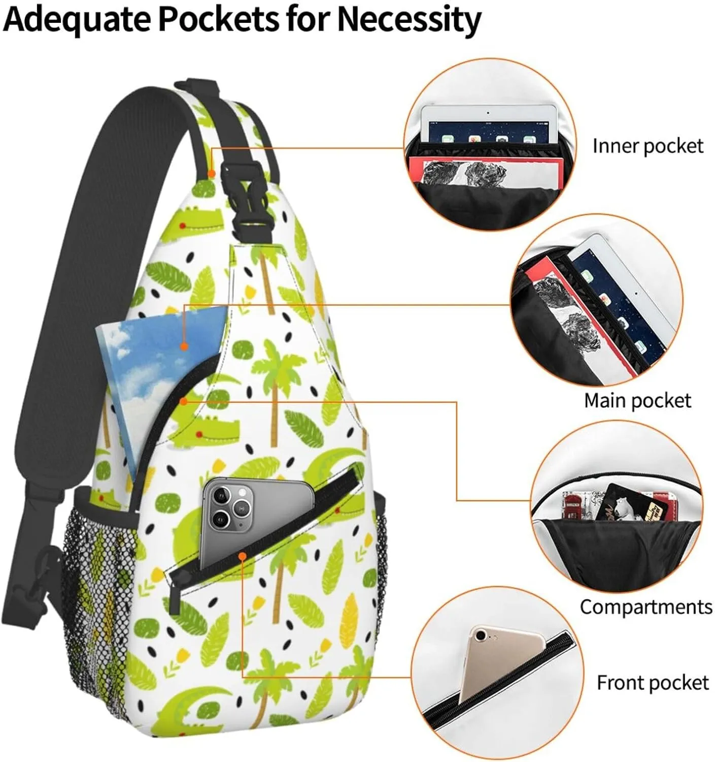 Green Crocodile Flowers Palm Trees Foliage Cross Chest Bag Diagonally Hiking Crossbody Bag Travel Shoulder Daypack Lightweight Sling Backpack Cycling Daypacks Fitness Chest Backpacks
