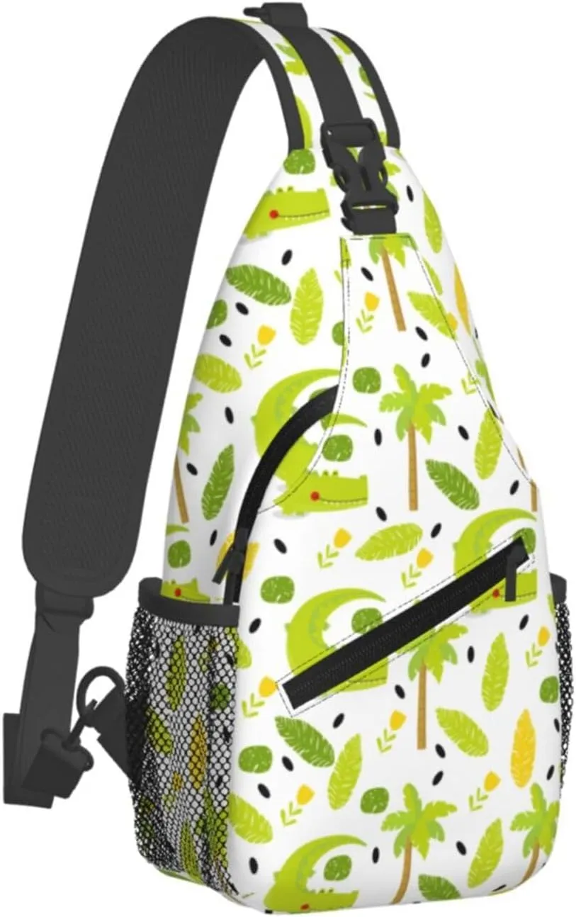 Green Crocodile Flowers Palm Trees Foliage Cross Chest Bag Diagonally Hiking Crossbody Bag Travel Shoulder Daypack Lightweight Sling Backpack Cycling Daypacks Fitness Chest Backpacks
