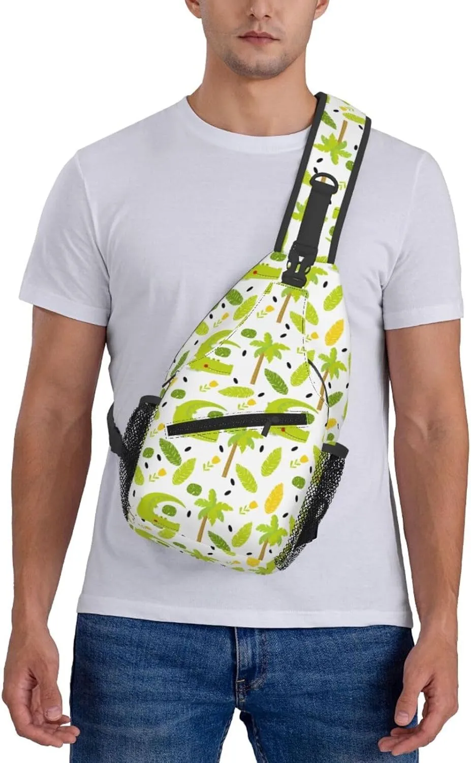 Green Crocodile Flowers Palm Trees Foliage Cross Chest Bag Diagonally Hiking Crossbody Bag Travel Shoulder Daypack Lightweight Sling Backpack Cycling Daypacks Fitness Chest Backpacks