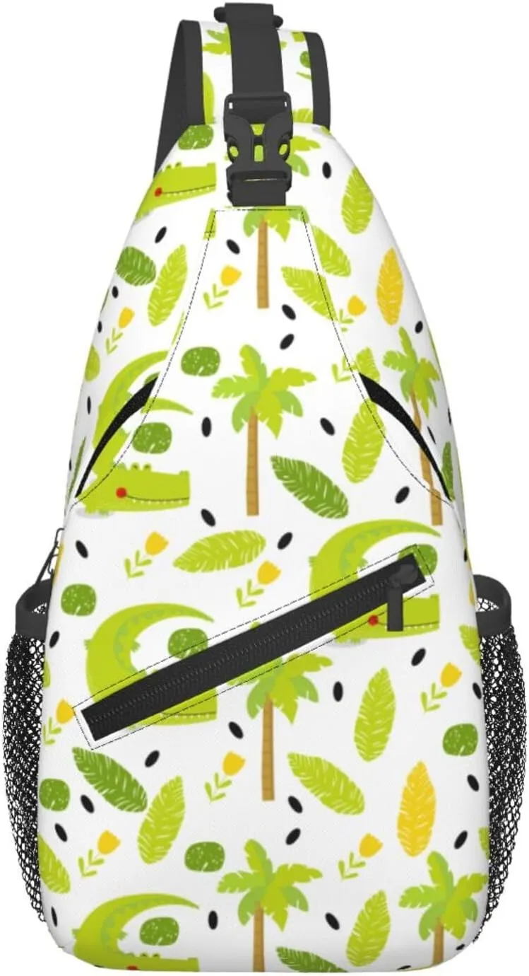 Green Crocodile Flowers Palm Trees Foliage Cross Chest Bag Diagonally Hiking Crossbody Bag Travel Shoulder Daypack Lightweight Sling Backpack Cycling Daypacks Fitness Chest Backpacks