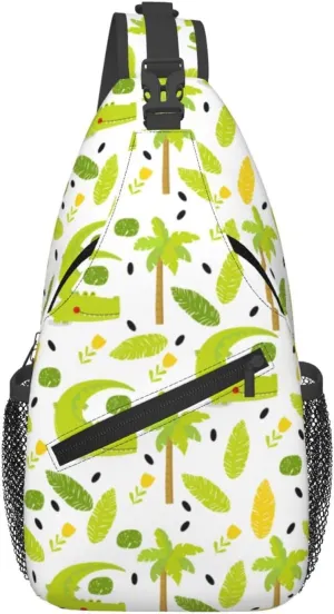 Green Crocodile Flowers Palm Trees Foliage Cross Chest Bag Diagonally Hiking Crossbody Bag Travel Shoulder Daypack Lightweight Sling Backpack Cycling Daypacks Fitness Chest Backpacks