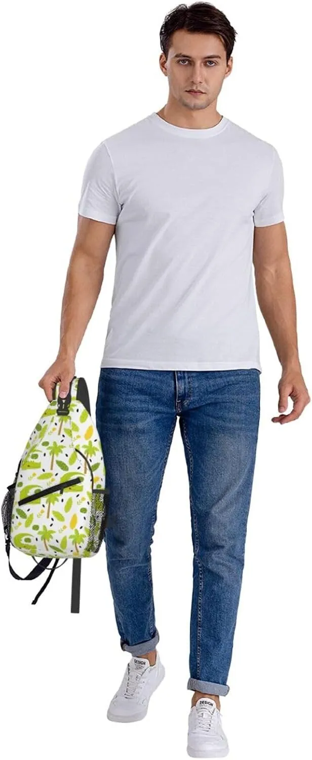 Green Crocodile Flowers Palm Trees Foliage Cross Chest Bag Diagonally Hiking Crossbody Bag Travel Shoulder Daypack Lightweight Sling Backpack Cycling Daypacks Fitness Chest Backpacks