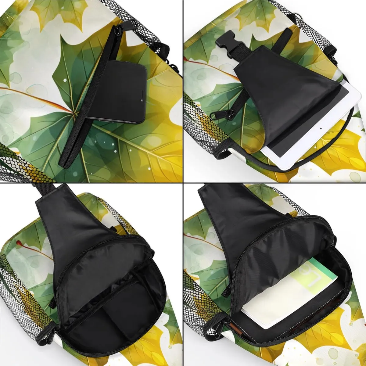 Green Maple Leaves Sling Bag for Women Men, Waterproof Crossbody Sling Backpack Sports Travel Outdoor Chest Bag